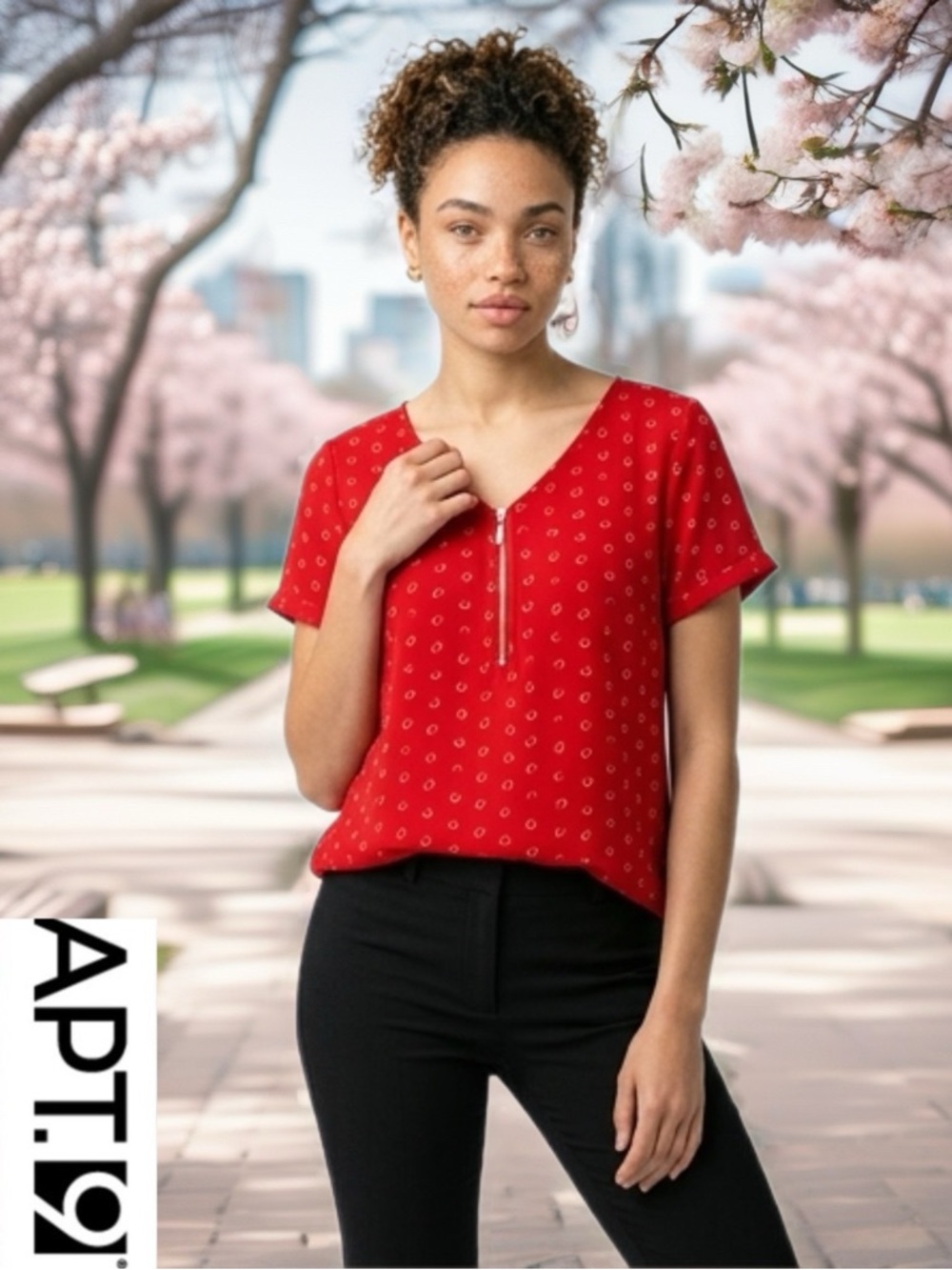 Apt. 9 Red Short-Sleeve V-Neck Zip-Front Blouse with Dot Print